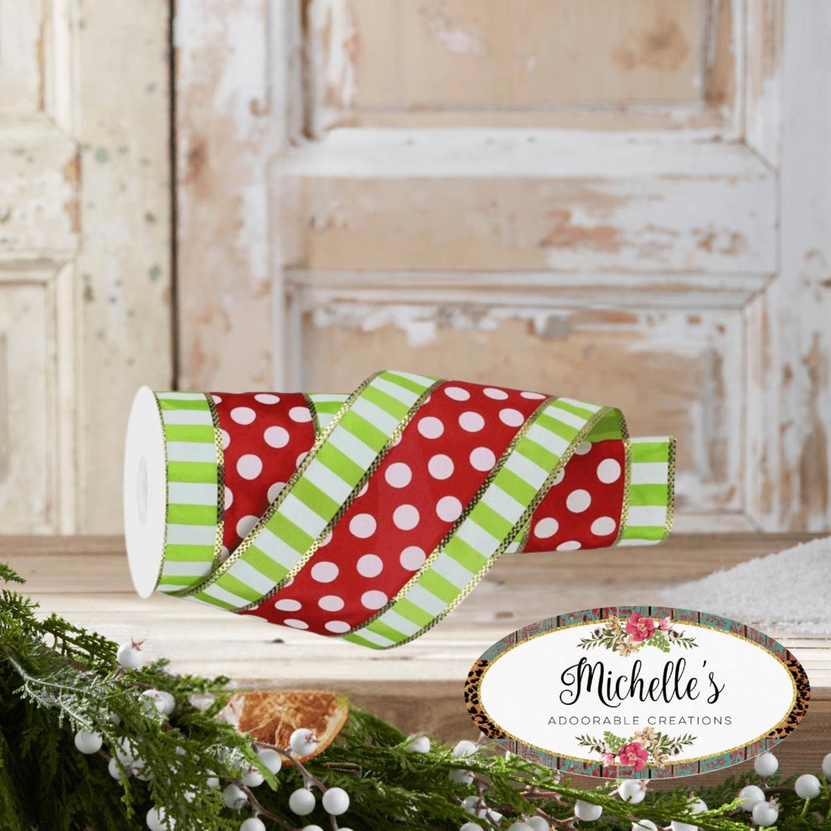 Shop For 4" Striped Edge Polka Dot Ribbon: Red, Lime & White (10 Yards)