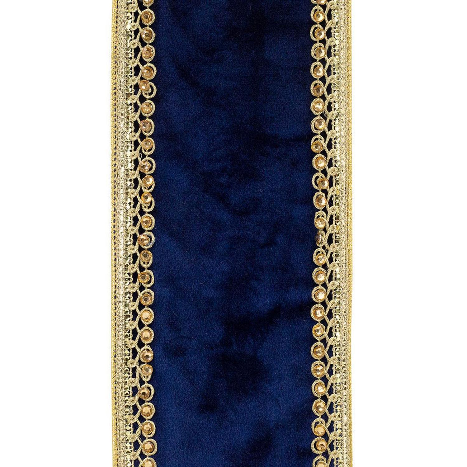 4" Velvet Deluxe Jewel Ribbon: Navy/Gold (5 Yards)