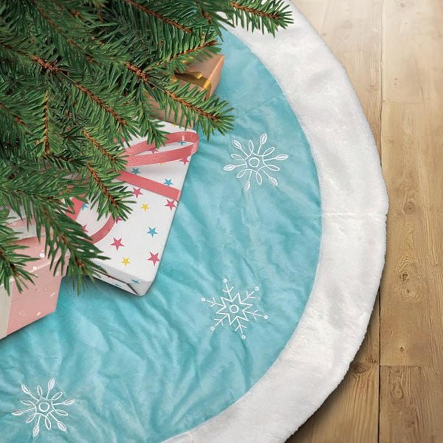 Shop For 48" Pastel Blue Snowflake Embroidered Tree Skirt With Faux Fur Trim