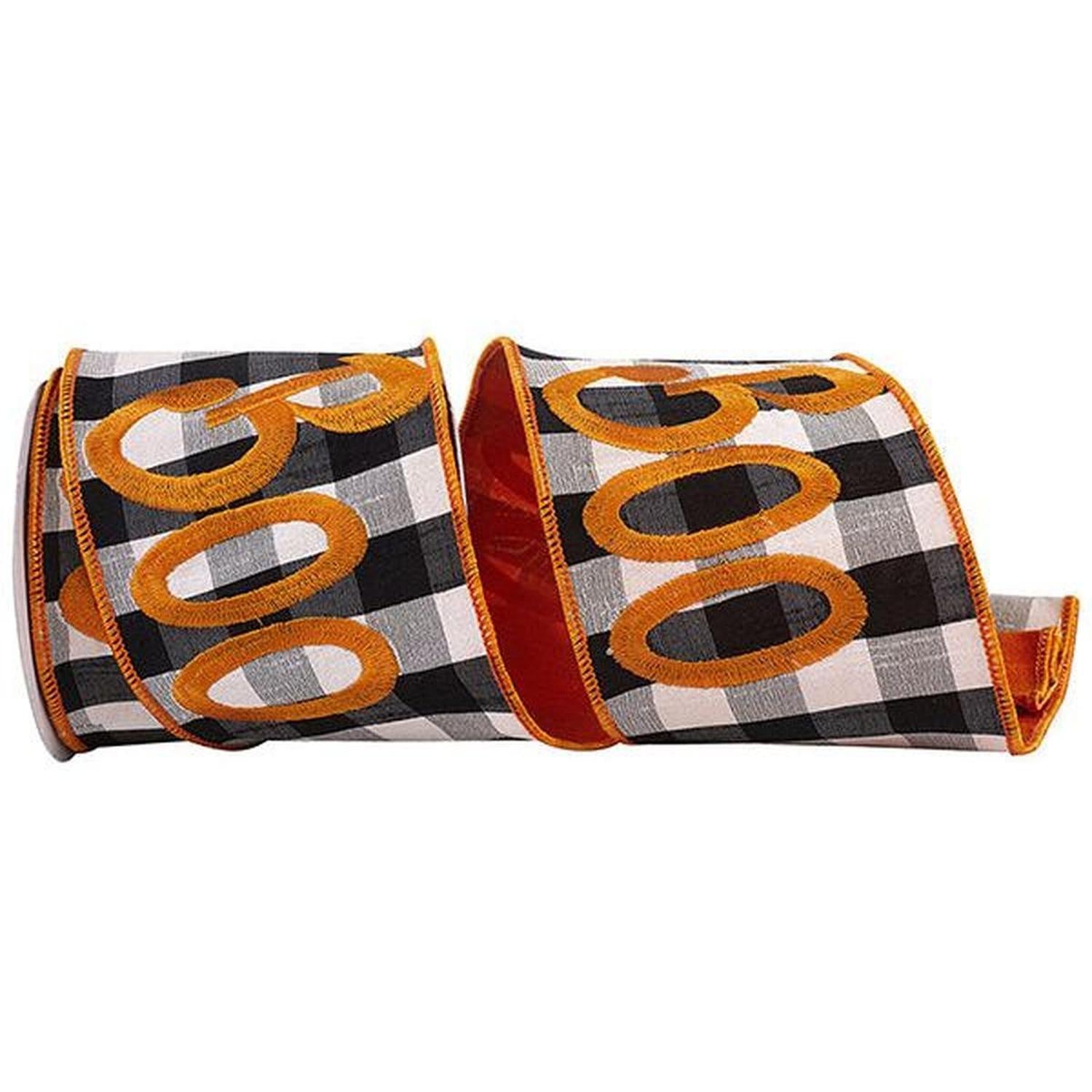 4in Boo Embroidered Check Wired Ribbon (5 Yards)