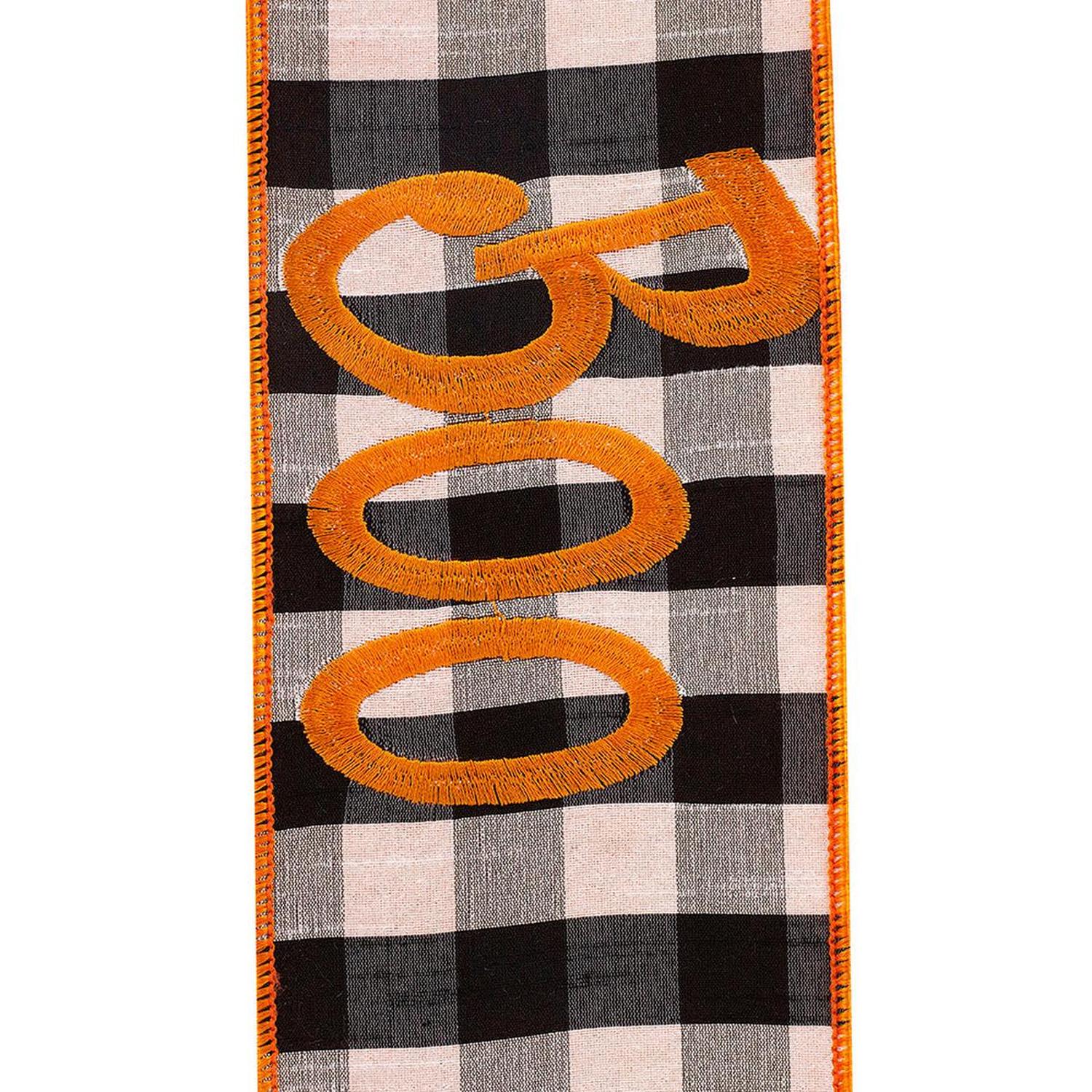 4in Boo Embroidered Check Wired Ribbon (5 Yards)