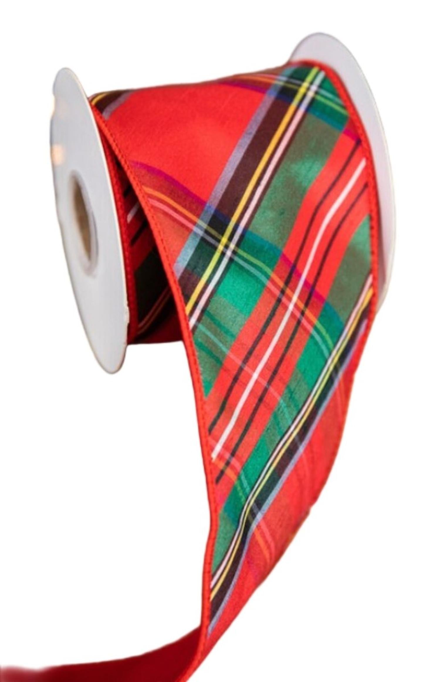 4in Diagonal Plaid Dupion Ribbon: Red (5 Yards)