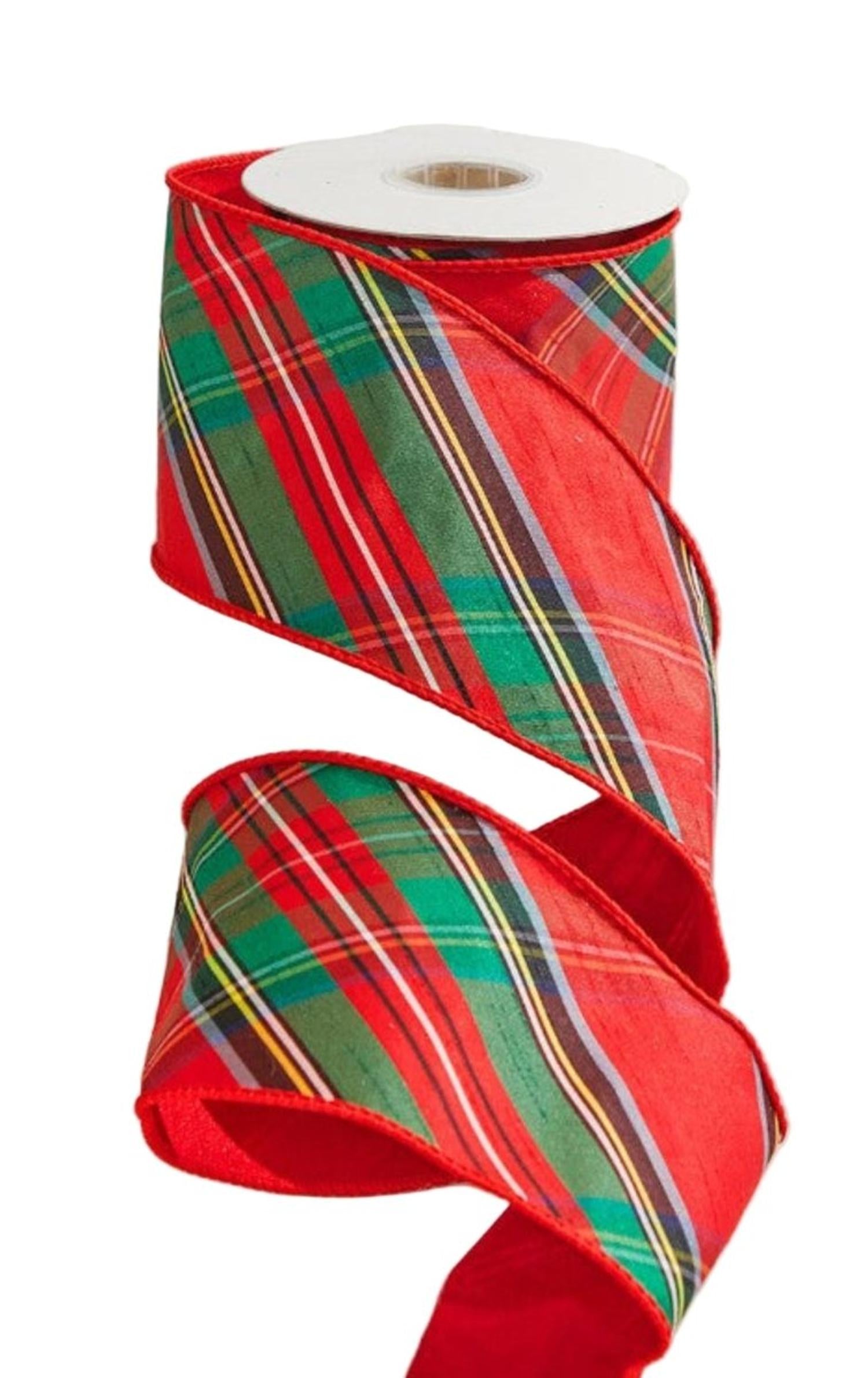 4in Diagonal Plaid Dupion Ribbon: Red (5 Yards)