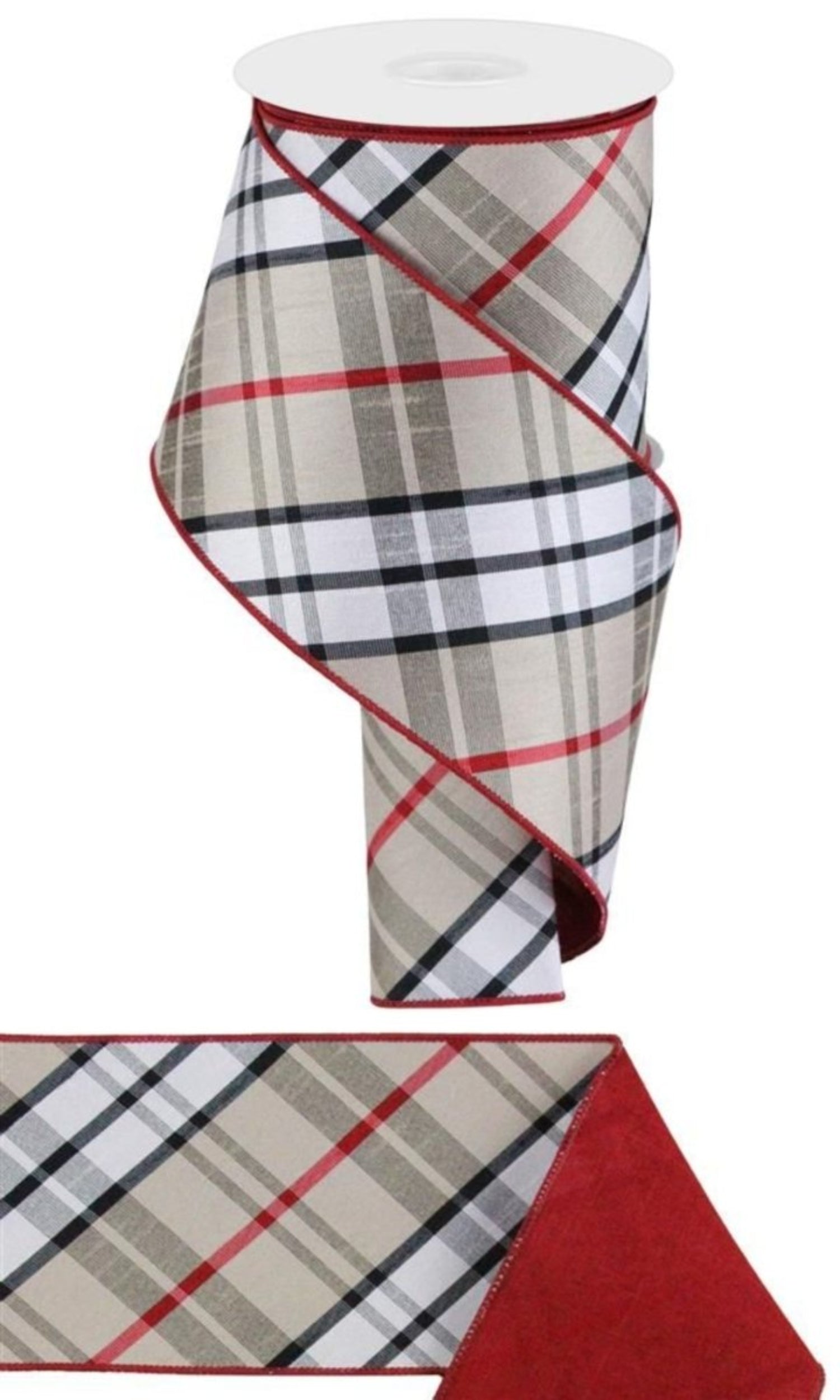 4in Diagonal Plaid Ribbon: Red/Tan (10 Yards)