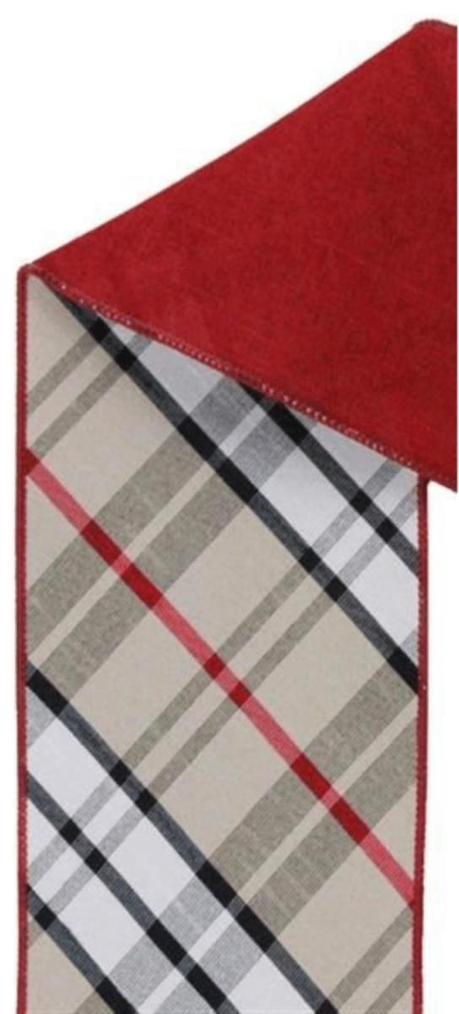 4in Diagonal Plaid Ribbon: Red/Tan (10 Yards)