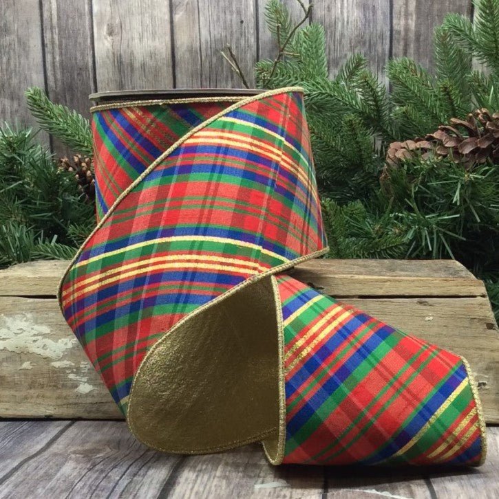 Shop For 4in Dupion Diagonal Yuletide Plaid Ribbon: Red, Green & Blue (10 Yards)