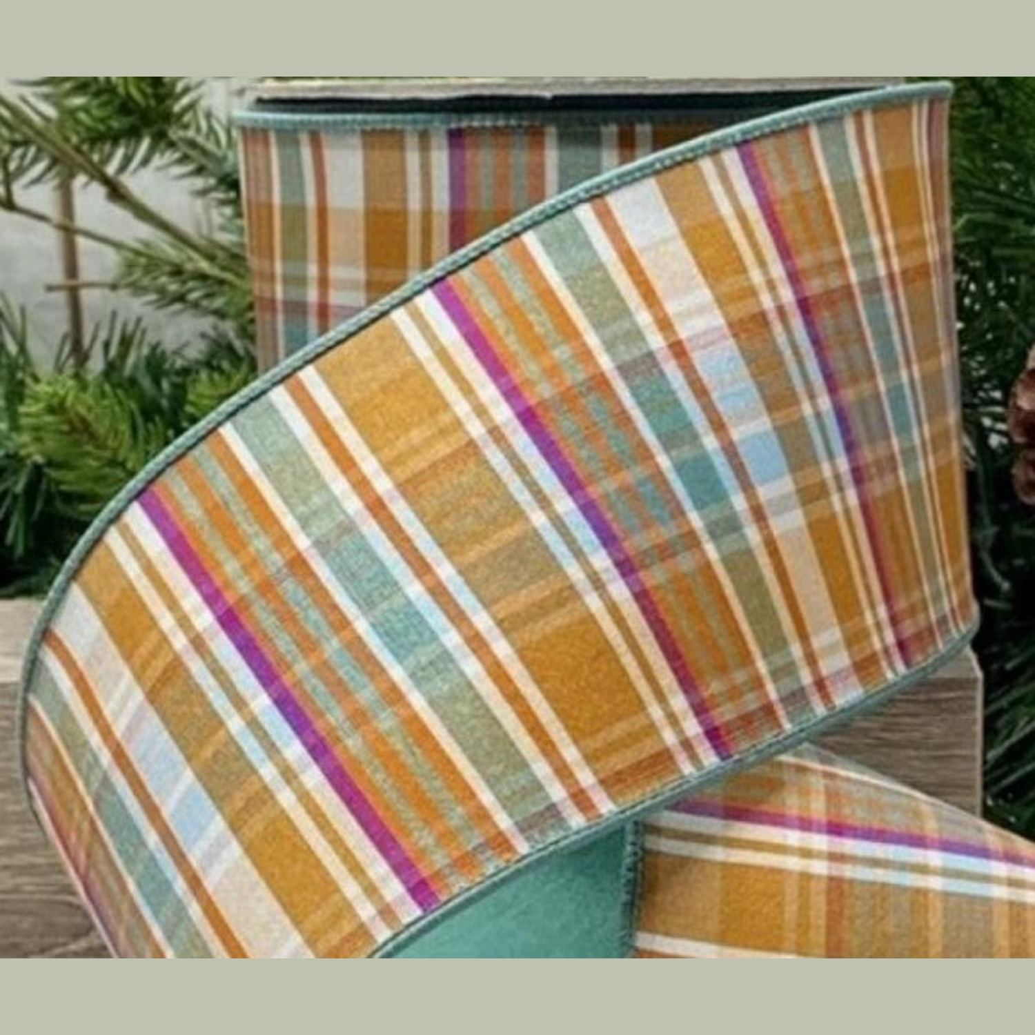 Shop For 4in Dupion Fused Plaid Ribbon: Brown - Celadon (10 Yards)