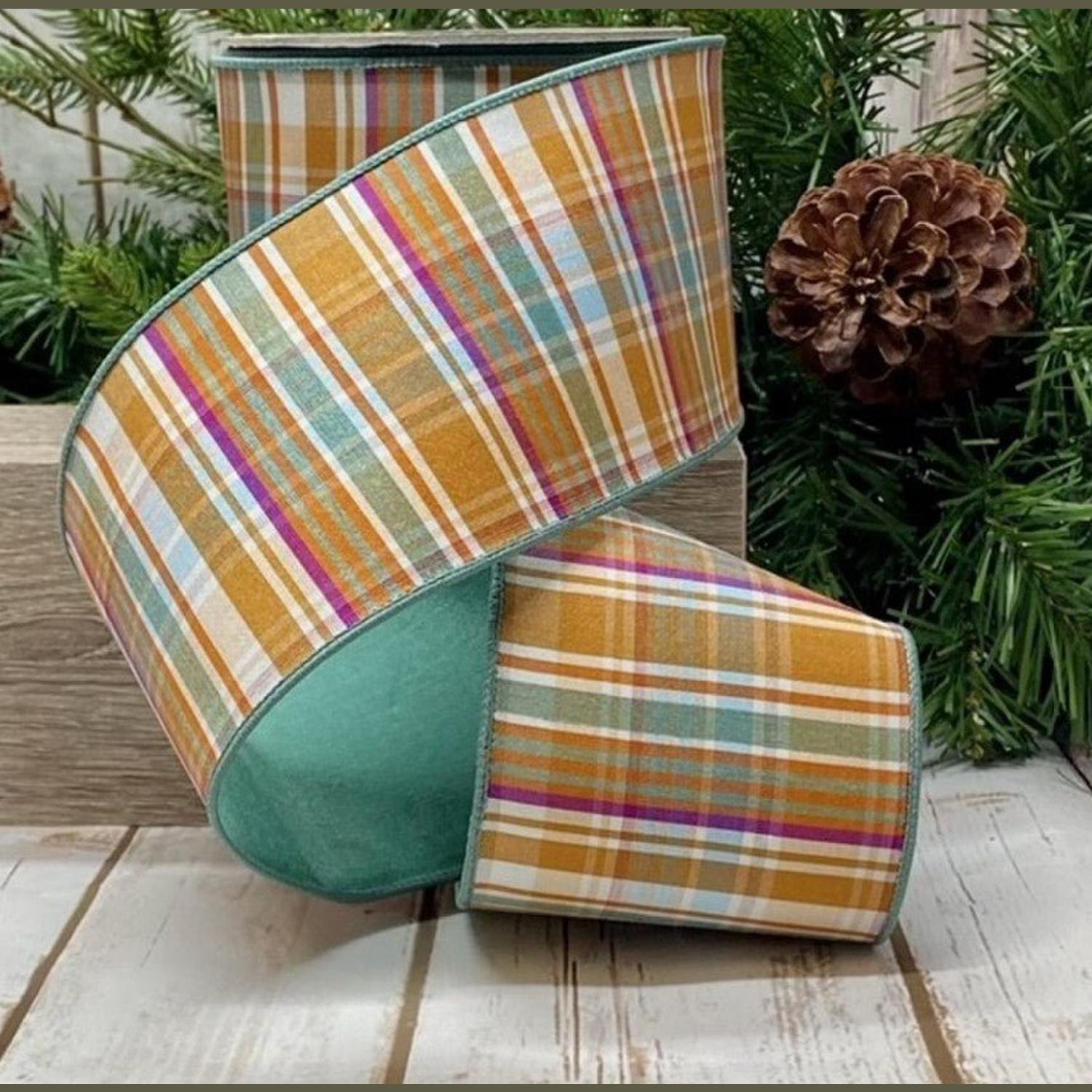 Shop For 4in Dupion Fused Plaid Ribbon: Brown - Celadon (10 Yards)