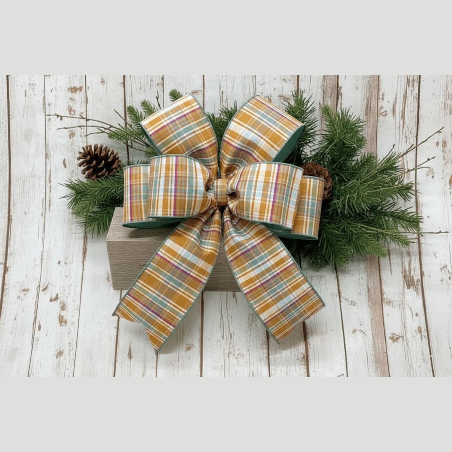 Shop For 4in Dupion Fused Plaid Ribbon: Brown - Celadon (10 Yards)