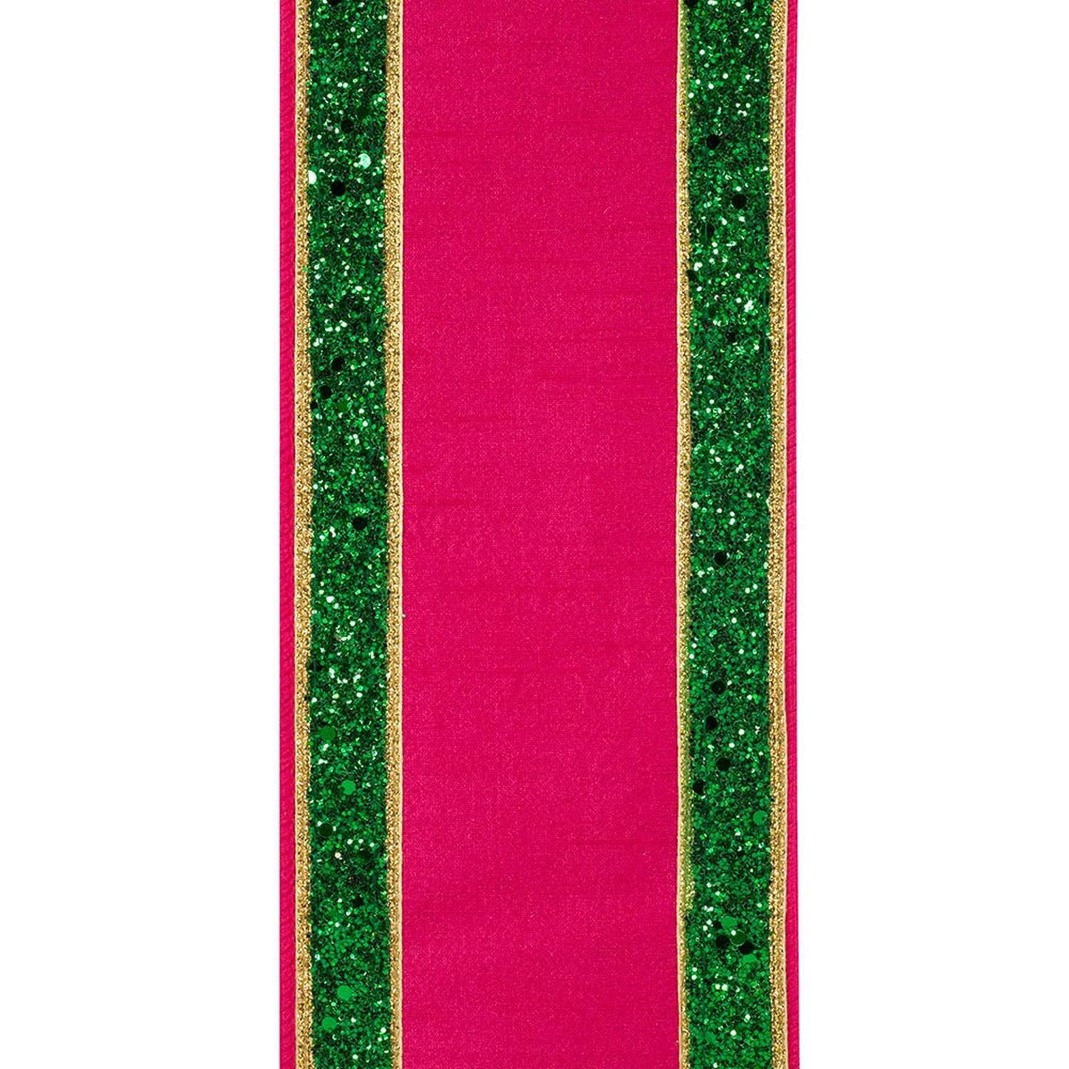 4in Dupioni Regalia Glitter Ribbon: Fuchsia/Green (5 Yards)