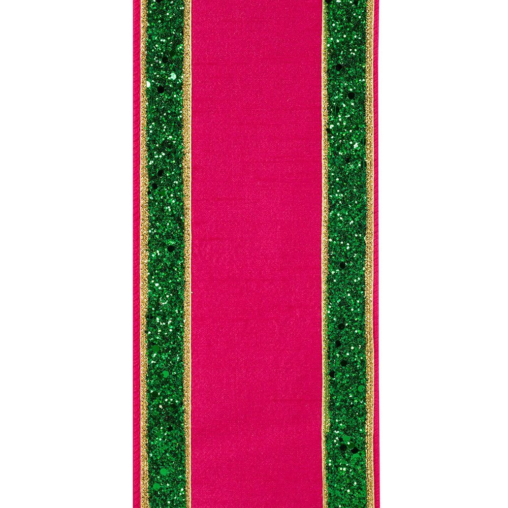 Shop For 4in Dupioni Regalia Glitter Ribbon: Fuchsia/Green (5 Yards)