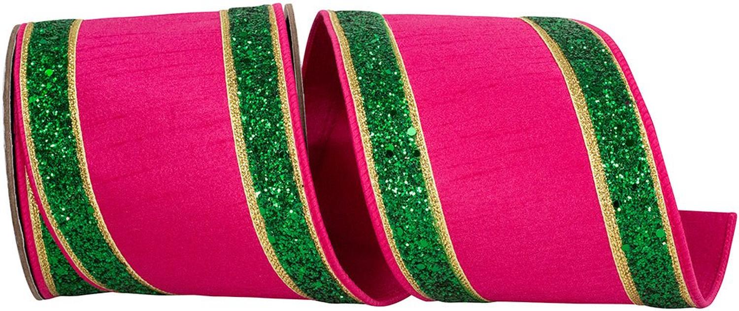 4in Dupioni Regalia Glitter Ribbon: Fuchsia/Green (5 Yards)