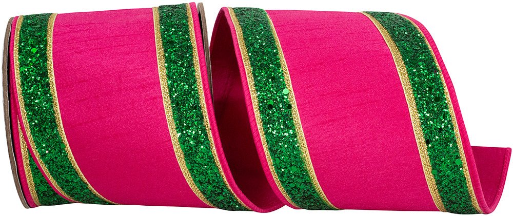Shop For 4in Dupioni Regalia Glitter Ribbon: Fuchsia/Green (5 Yards)