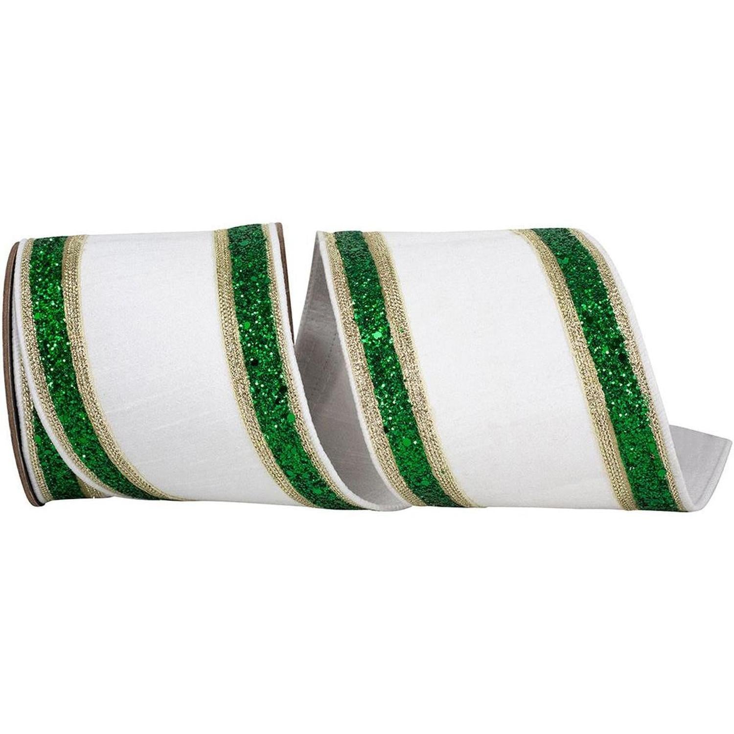 4in Dupioni Regalia Glitter Ribbon: Green/White (5 Yards)