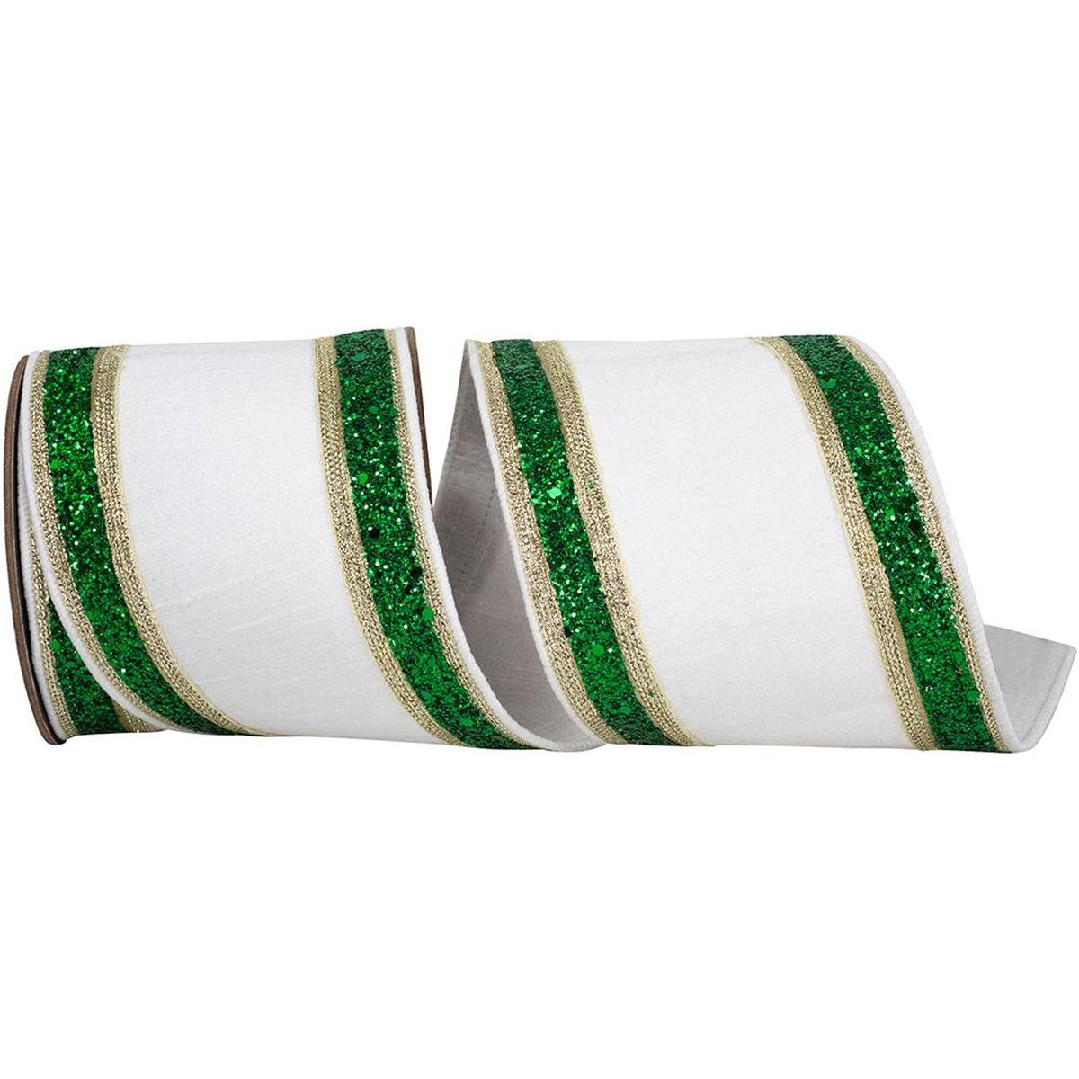 Shop For 4in Dupioni Regalia Glitter Ribbon: Green/White (5 Yards)