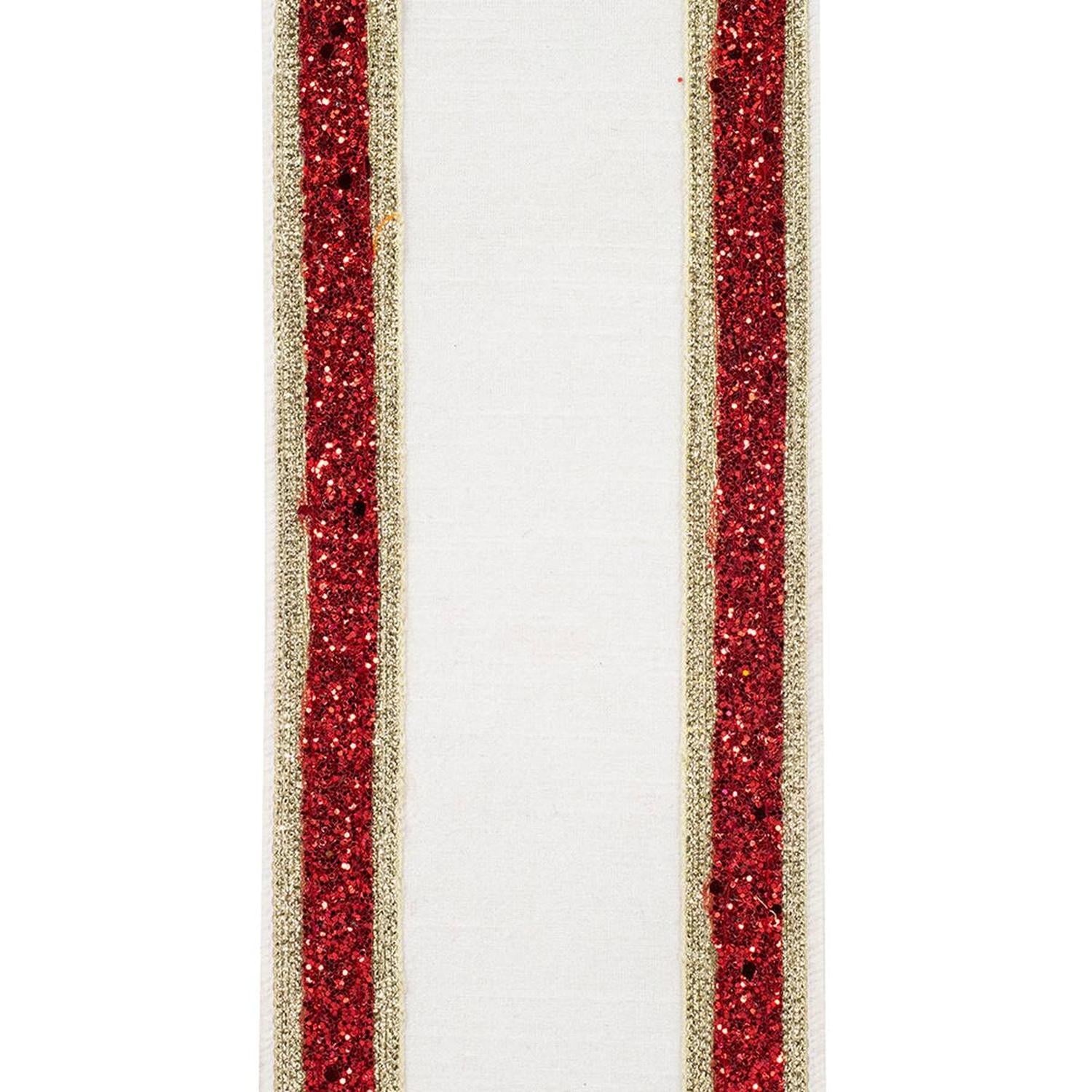 4in Dupioni Regalia Glitter Ribbon: Red/White (5 Yards)