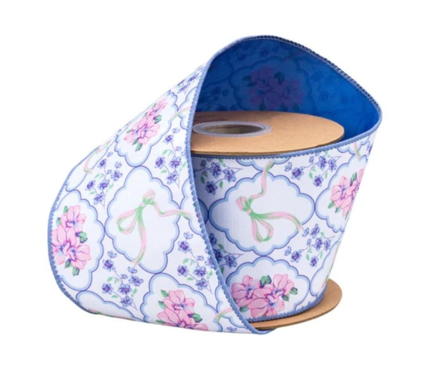 4in Florals and Bow Dupioni Ribbon: Blue/White (10 Yards)