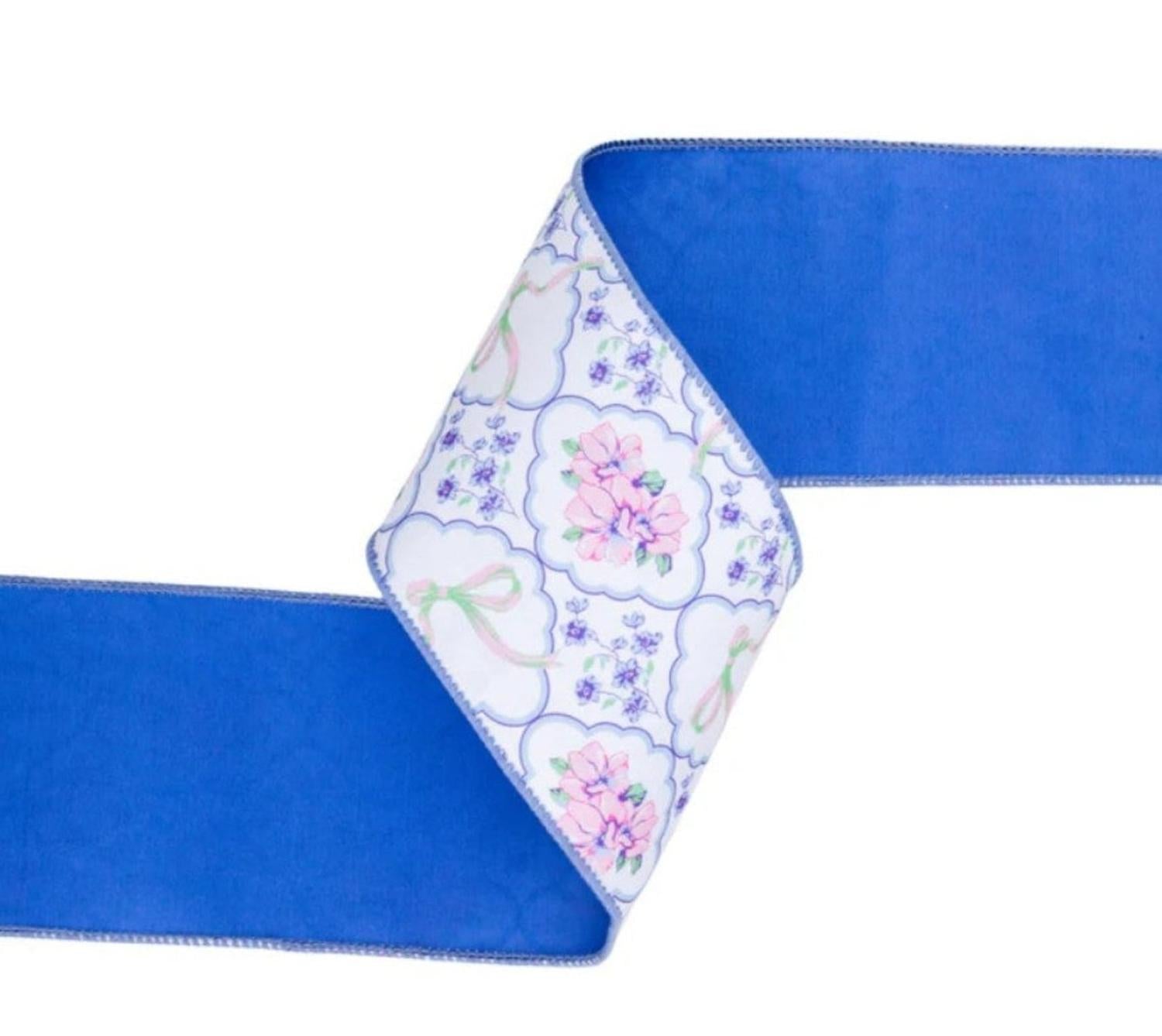 4in Florals and Bow Dupioni Ribbon: Blue/White (10 Yards)