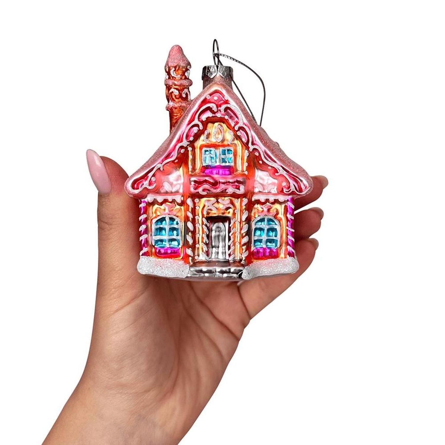 4in Frosted Pink Cottage Glass Christmas Ornament