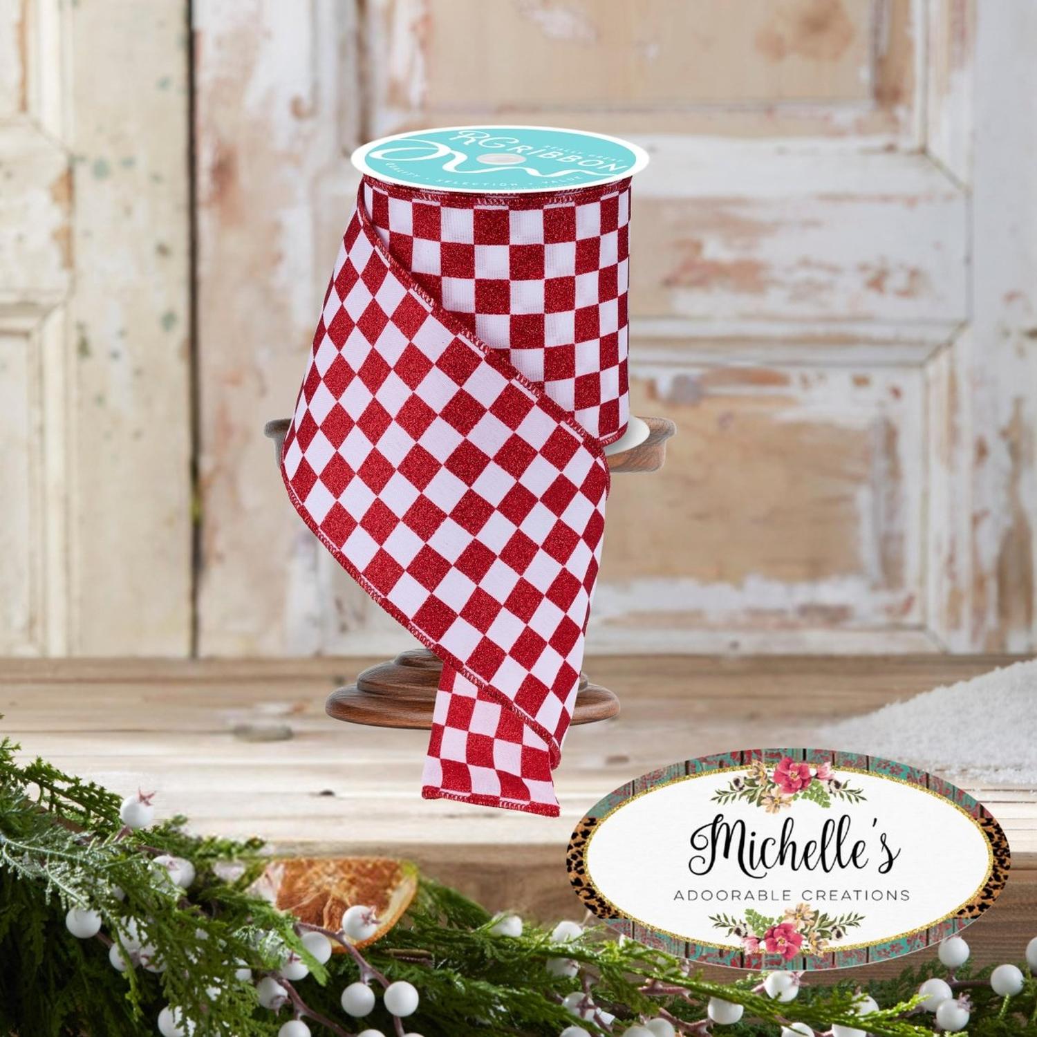 4in Glitter Check Ribbon: Red (10 Yards)