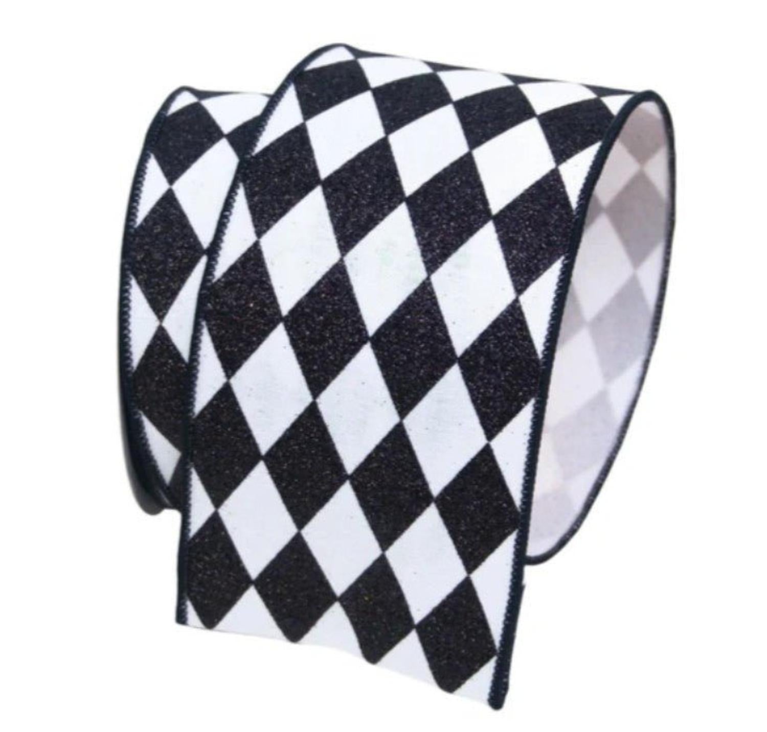 4in Glitter Jester Diamond Ribbon: Black & White (10 Yards)