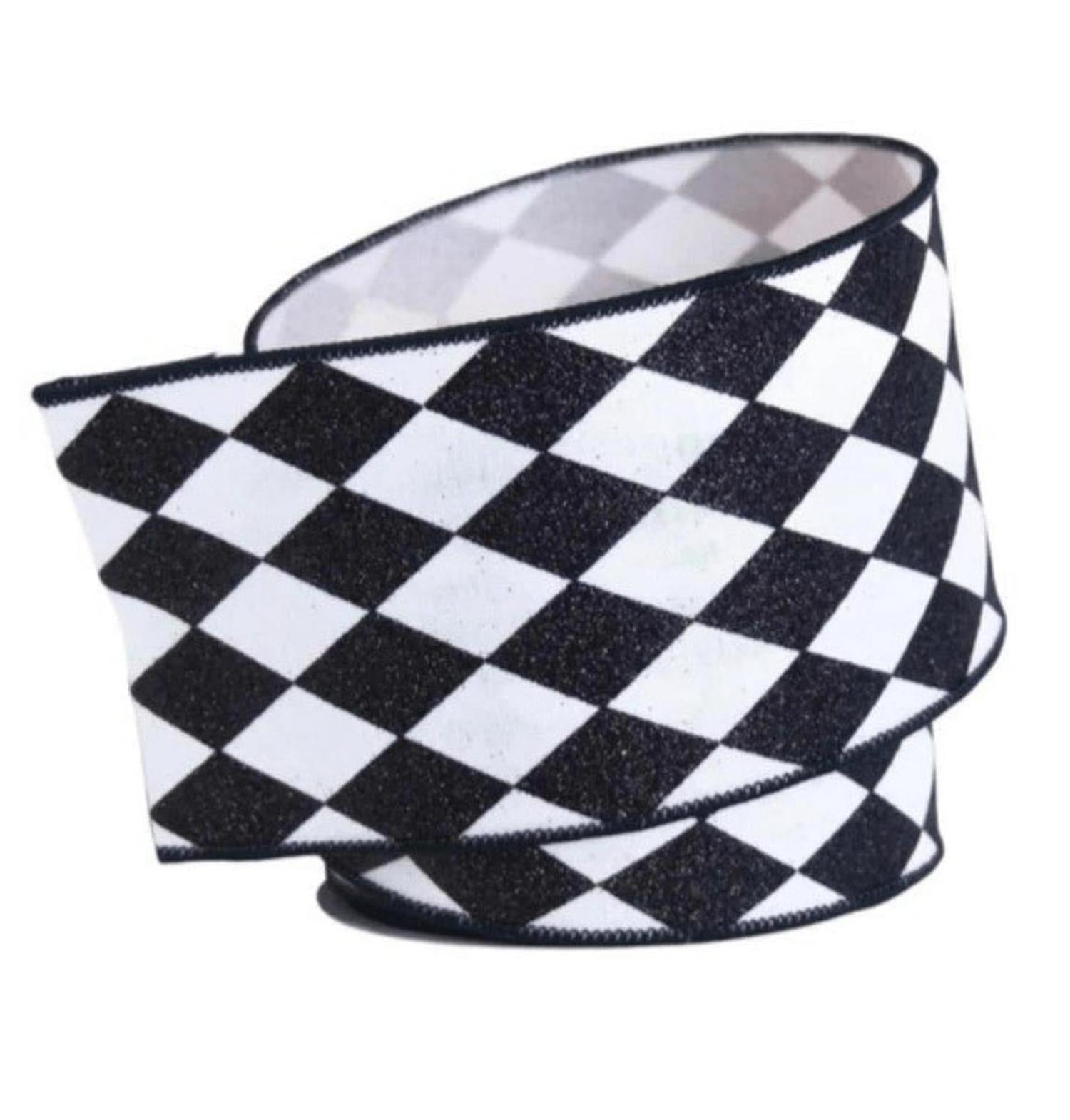 4in Glitter Jester Diamond Ribbon: Black & White (10 Yards)