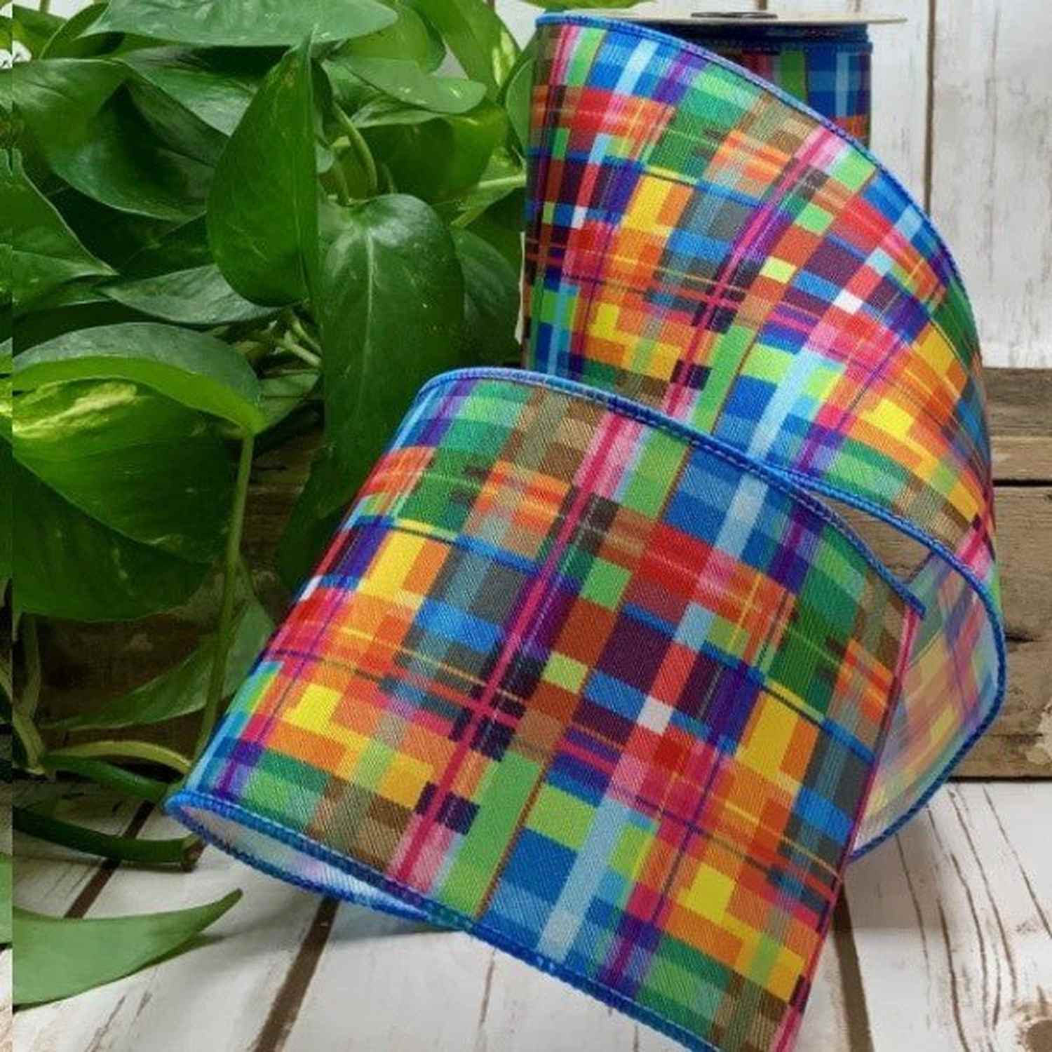 Shop For 4in Grosgrain Mia Spring Plaid Ribbon: Blue (10 Yards)