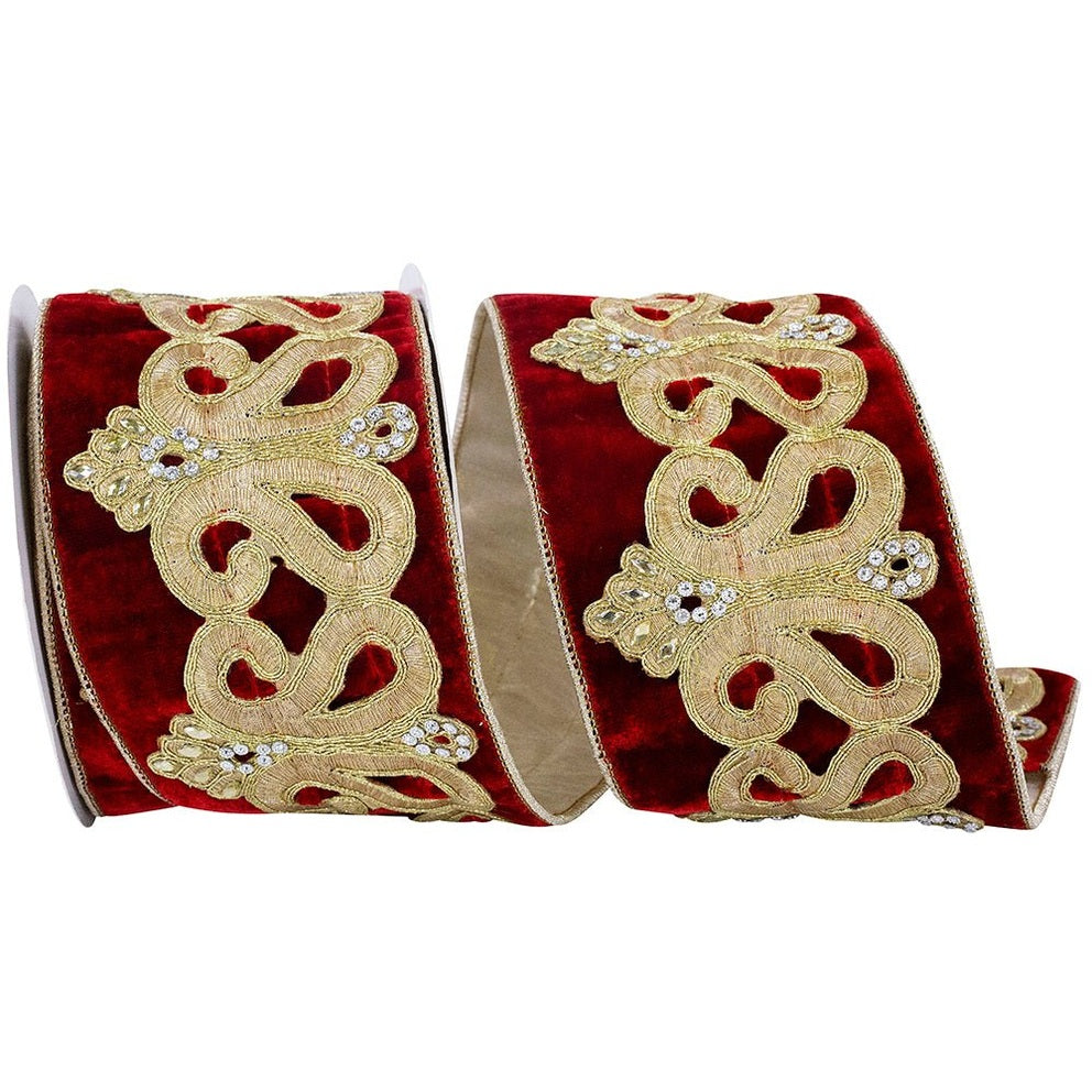 Shop For 4in Jewel Scroll Embroider Ribbon: Red (5 Yards)