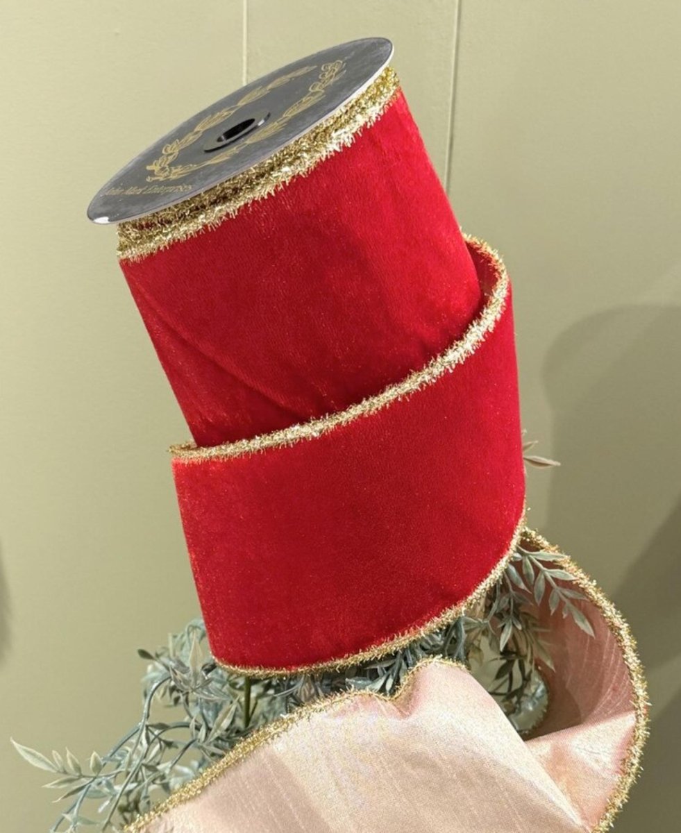 Shop For 4in JME Velvet Metallic Dupion Tinsel Edge Ribbon: Red (10 Yards)