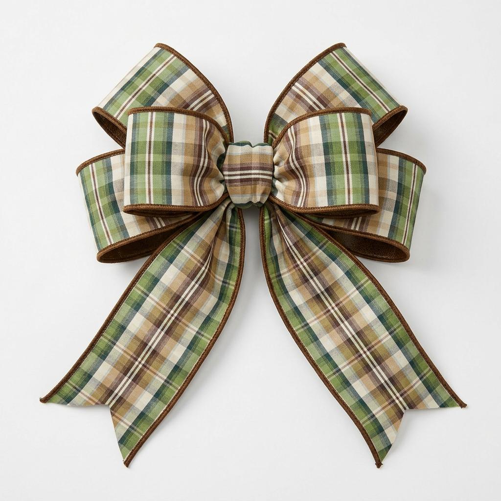 Green plaid wired edge faux leather ribbon bow for wreaths and decor