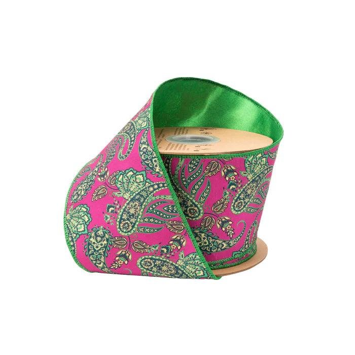 Shop For 4in Preppy Paisley on Hot Pink Ribbon: Satin Green (10 Yards)