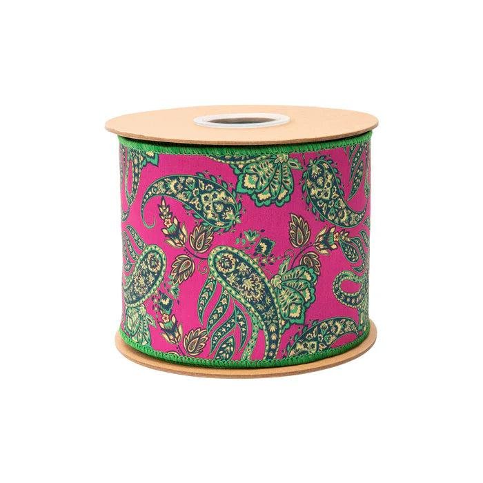 Shop For 4in Preppy Paisley on Hot Pink Ribbon: Satin Green (10 Yards)