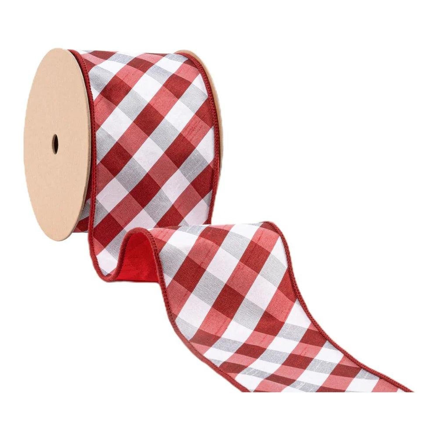 4in Red White Check Dupioni Fused Ribbon (10 Yards)