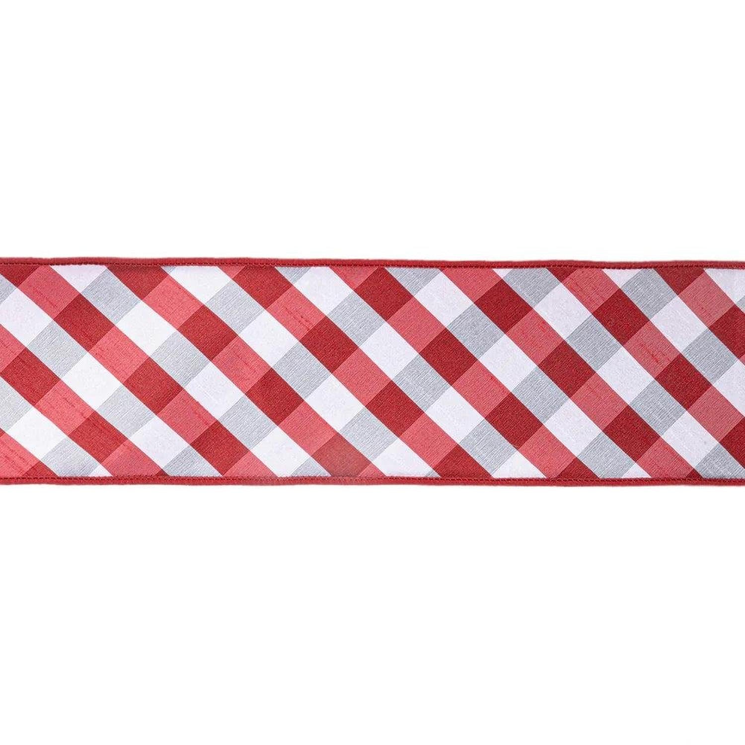 4in Red White Check Dupioni Fused Ribbon (10 Yards)