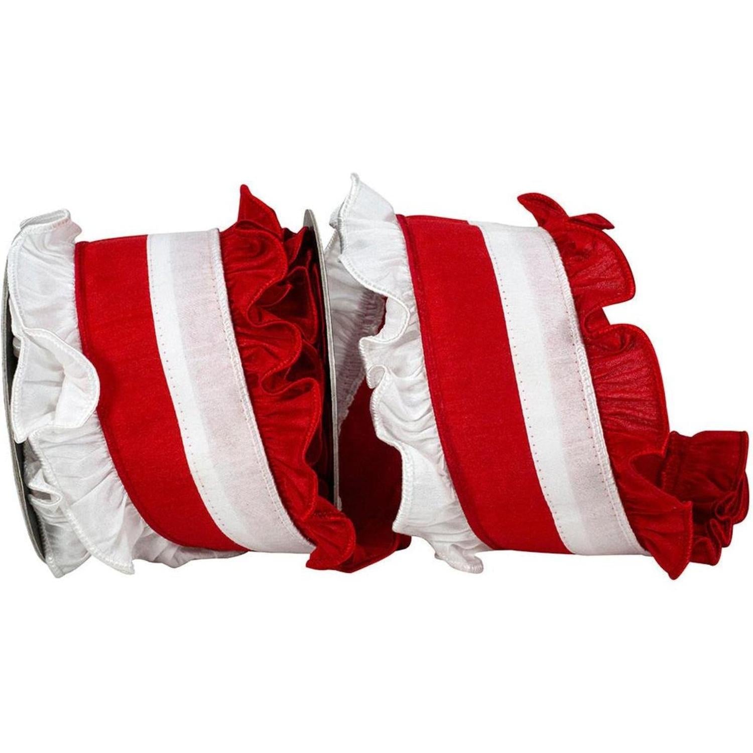 4in Ruffle Festivity Dupioni Ribbon: Red/White (5 Yards)
