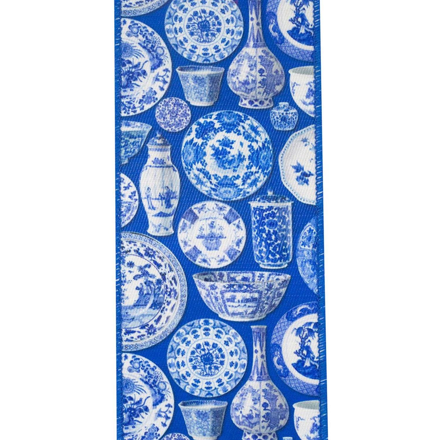 4in Terra Cotta Ceramics Chinoiserie Ribbon: Blue (10 Yards)