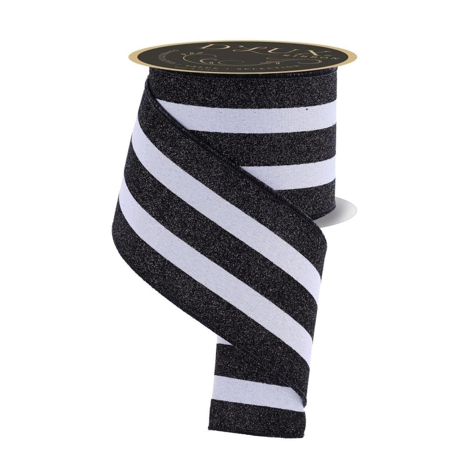 4in Vertical Glitter Stripe Ribbon: Black (10 Yard)
