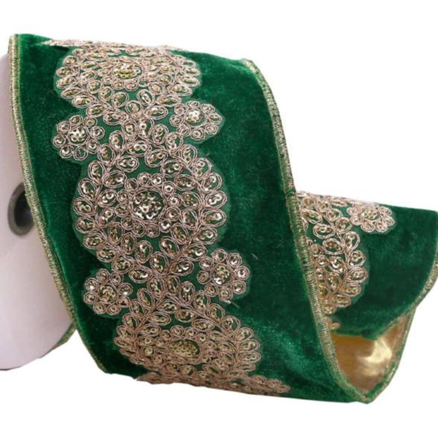4inch Light Gold Embroidery Ribbon: Emerald Green (5 Yards)