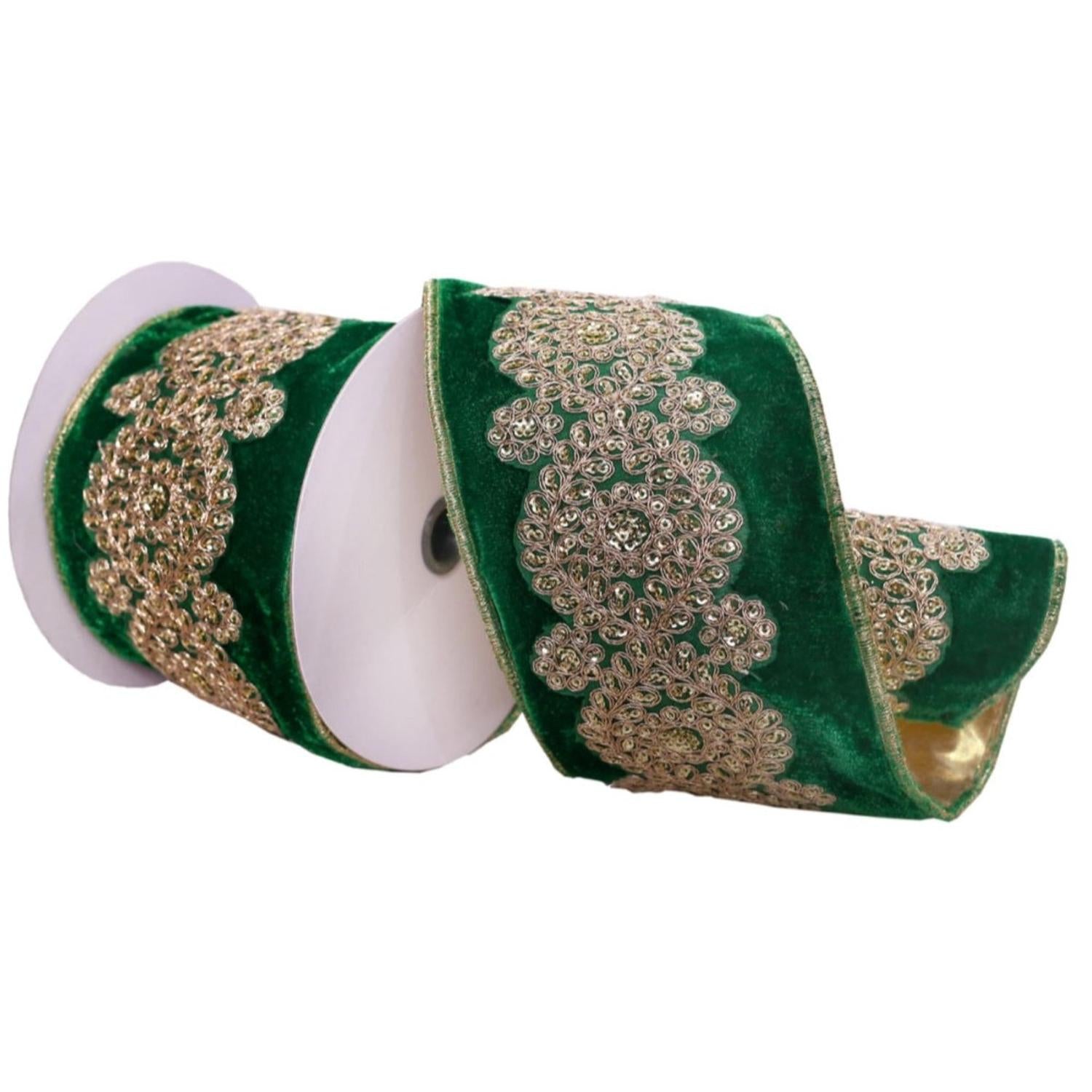 4inch Light Gold Embroidery Ribbon: Emerald Green (5 Yards)