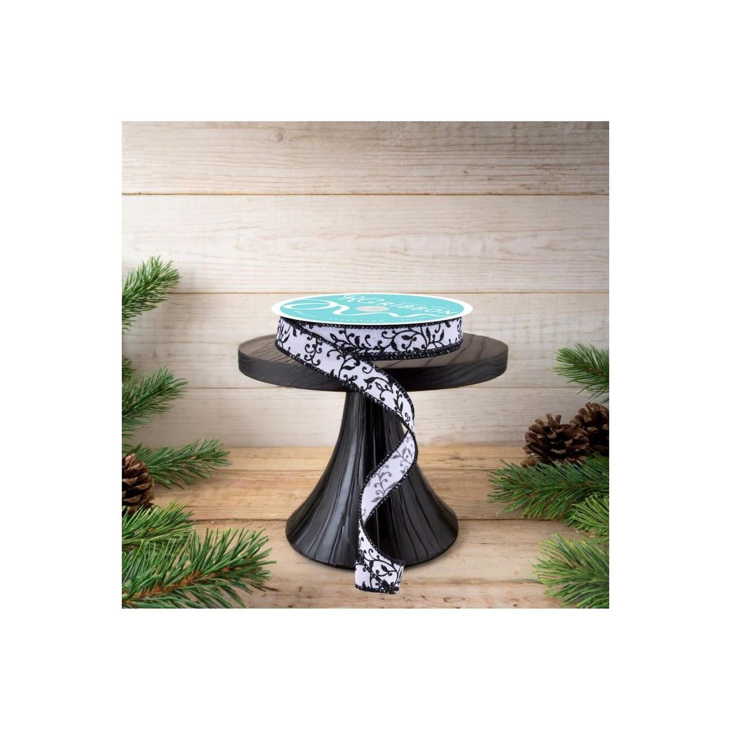 5/8" Glitter Mini Leaf Vines Ribbon: White/Black (10 Yards)