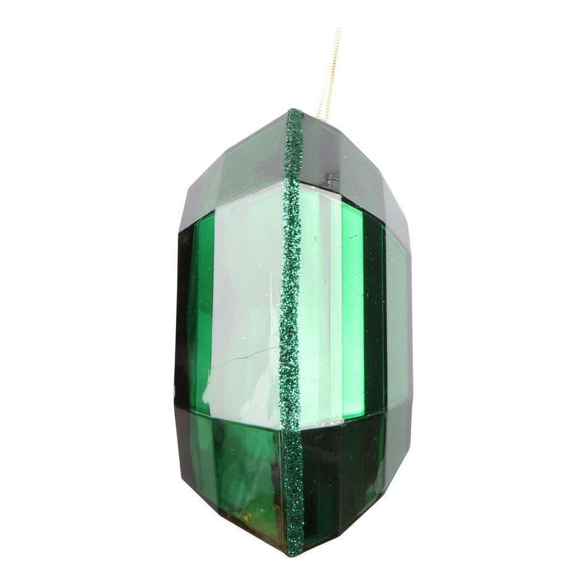 Green acrylic square jewel ornament with emerald glitter edges and gold hanger