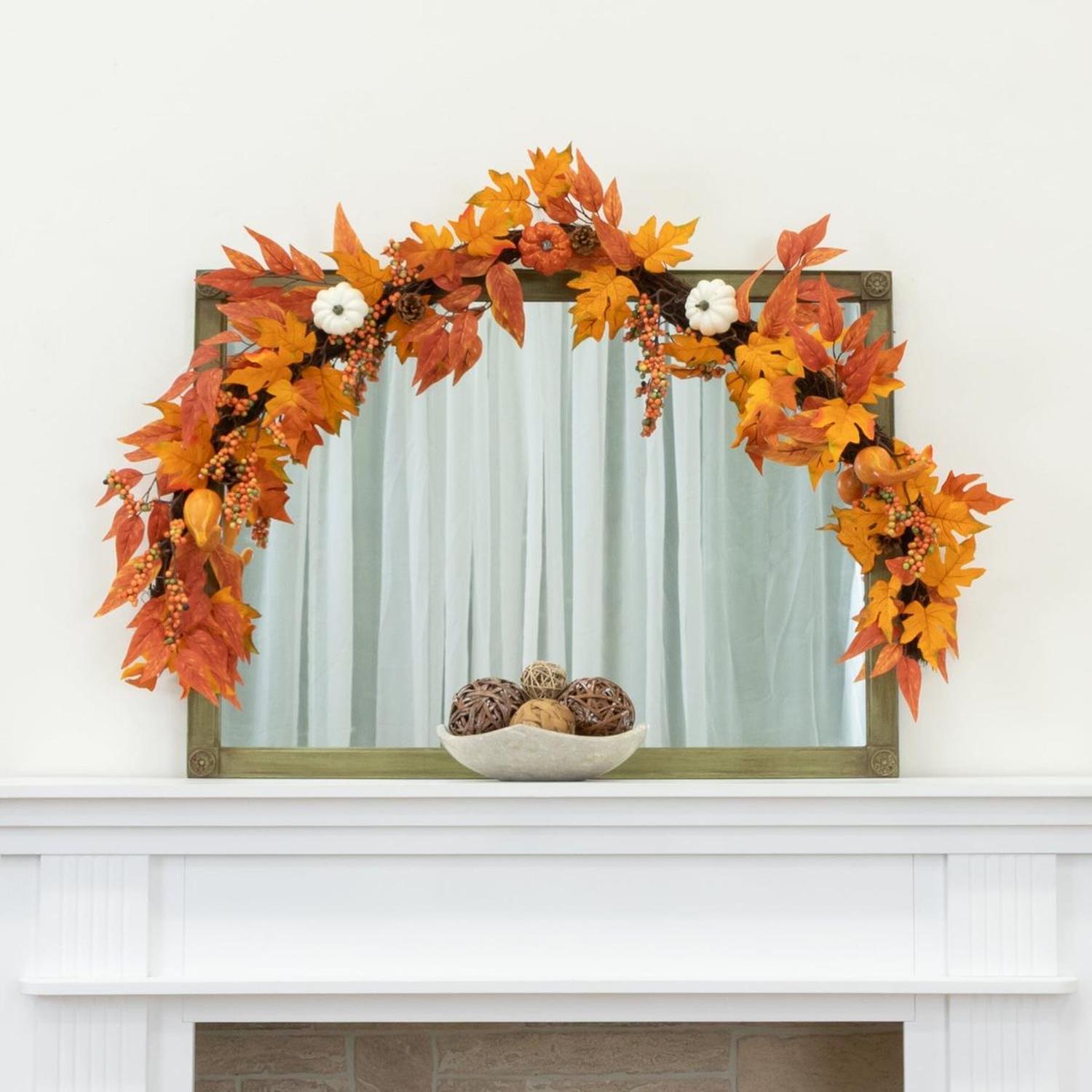 6’ Assorted Autumn Maple Leaves, Pumpkins, Gourds, Berries and Pinecone Artificial Fall Garland