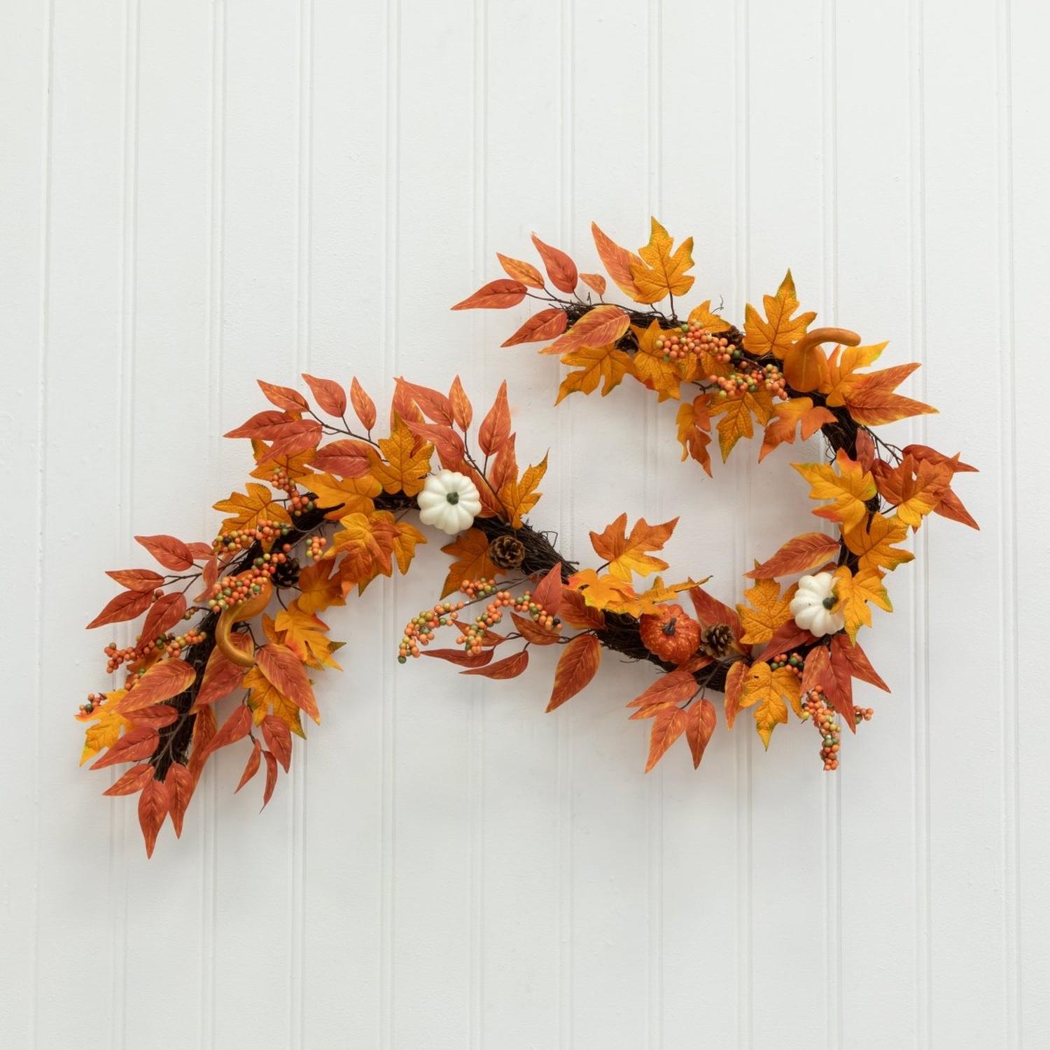 6’ Assorted Autumn Maple Leaves, Pumpkins, Gourds, Berries and Pinecone Artificial Fall Garland