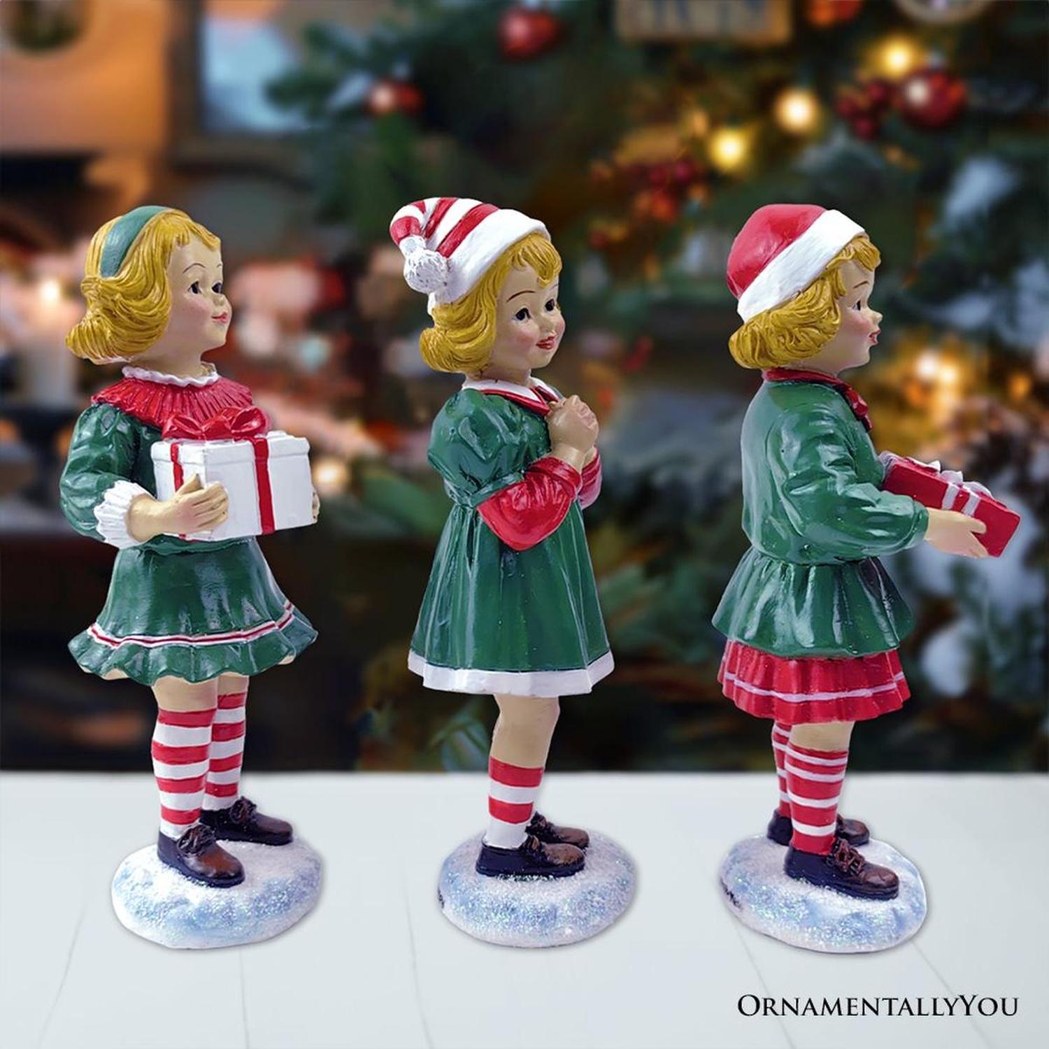 Elegant Victorian Christmas Girl Set of Three Figurines, 6" Holiday Home Decor