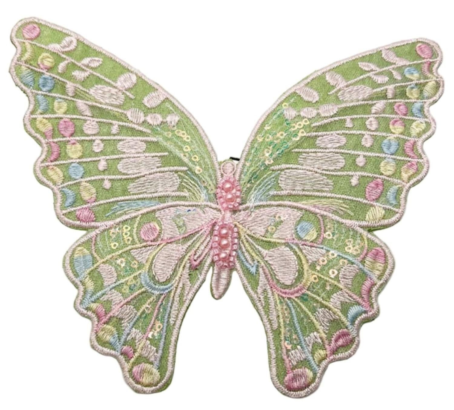 6" Embroidery Pastel Butterfly Clip: Moss Green