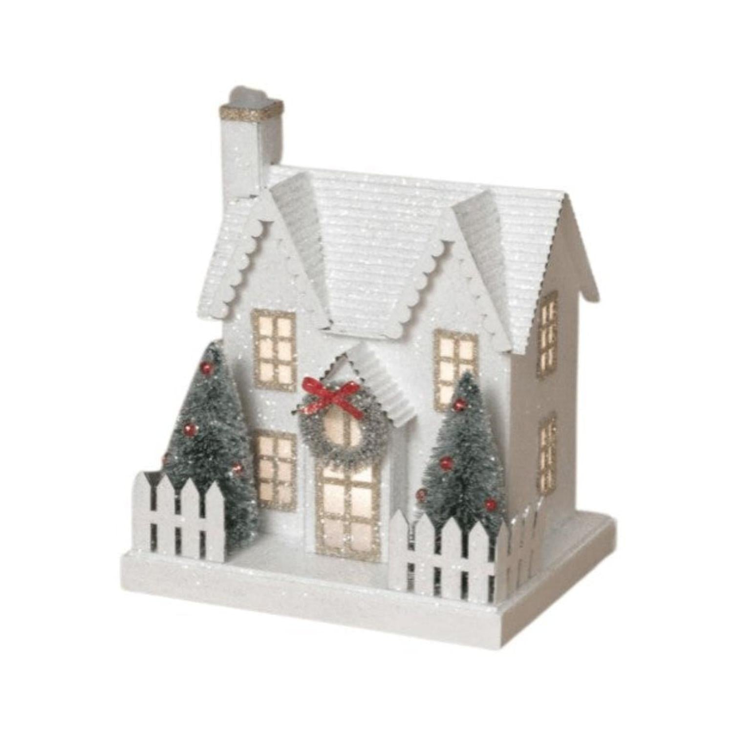 7" Lighted Holiday House with Trees