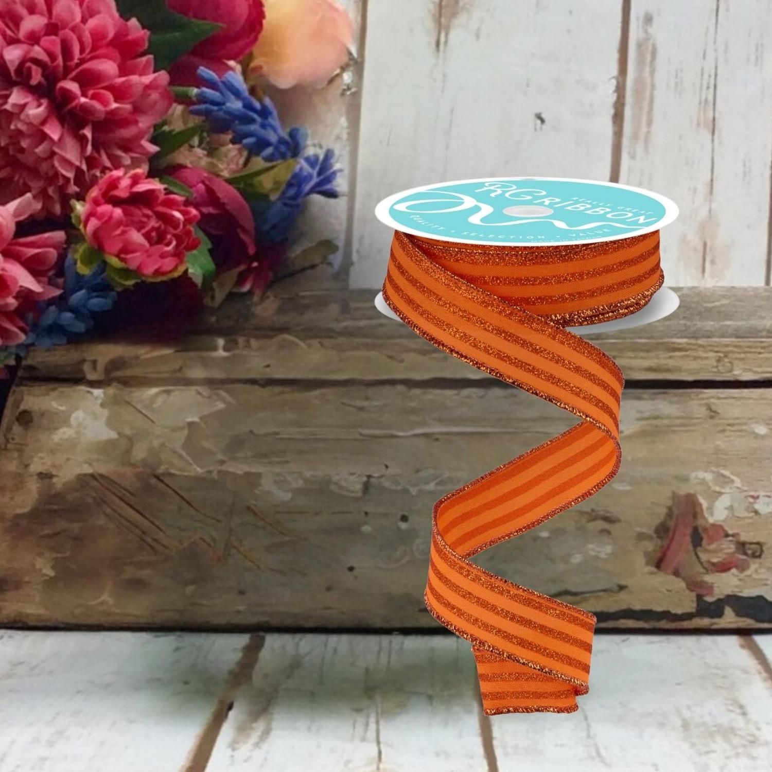 7/8" Glitter Vertical Stripe Ribbon: Orange (10 Yards)