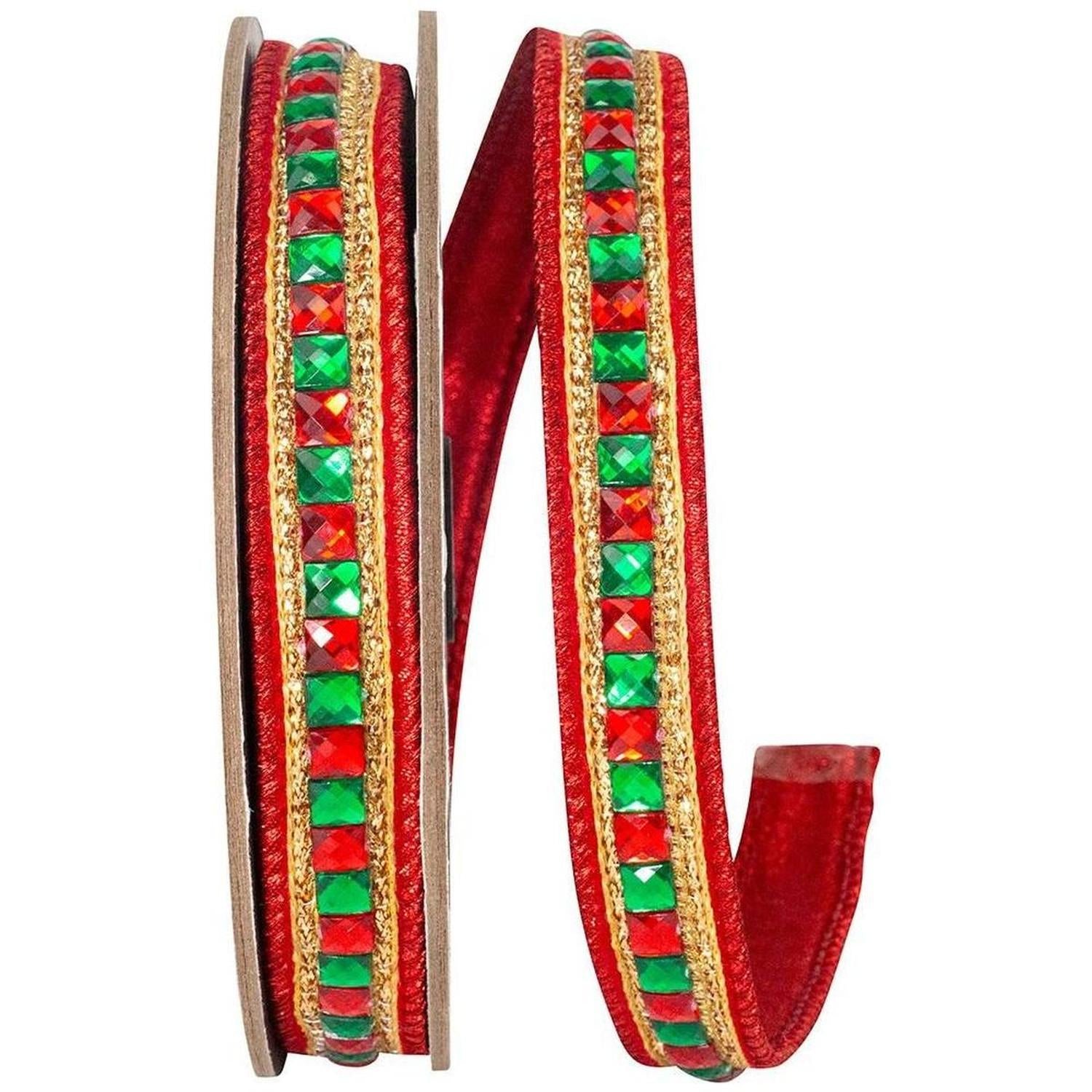 7/8" Sumptuous Jewel Accent Ribbon: Red/Green (5 Yards)