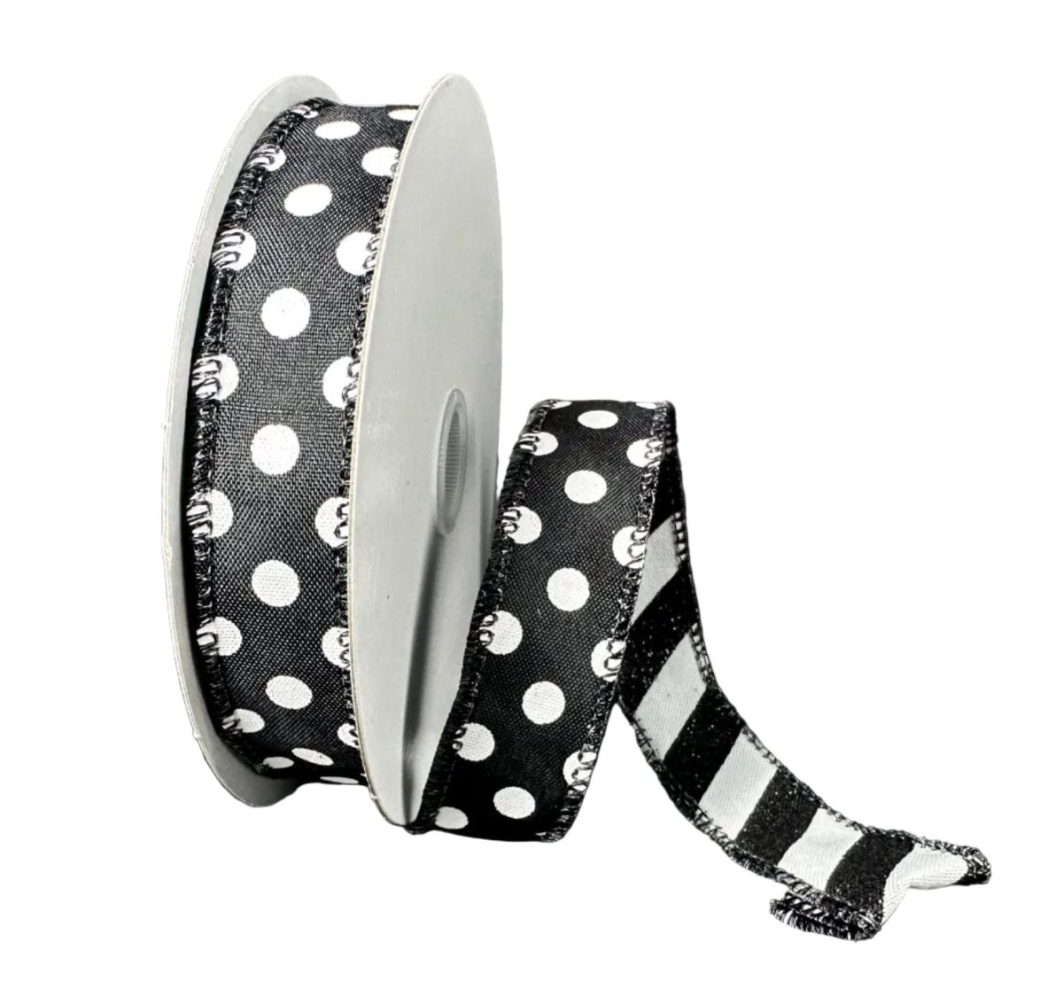 Shop For 7/8in Double Sided Polka Dot Stripe Ribbon: Black/White (10 Yards)