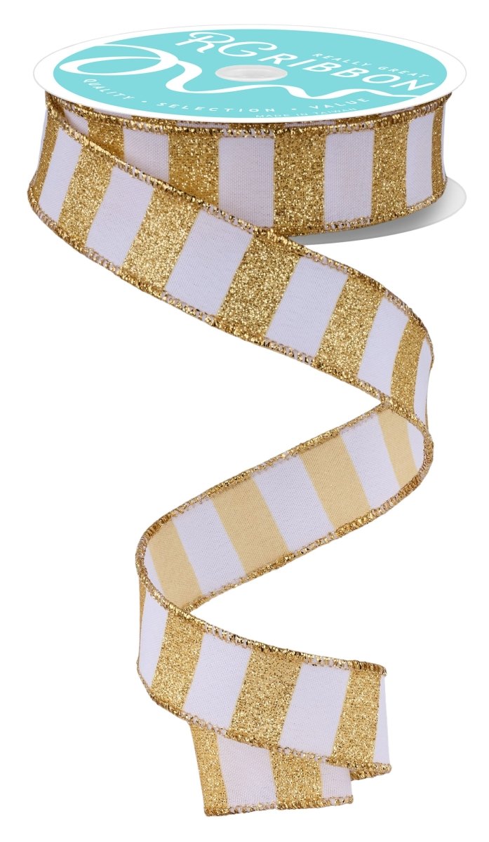 Shop For 7/8in Horizontal Glitter Stripe Ribbon: Gold/White (10 Yards)